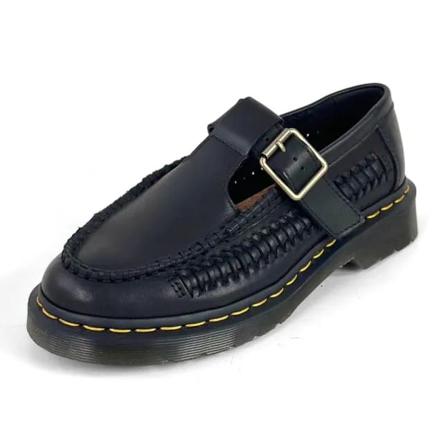 【Dr.Martens】馬汀 ADRIAN T-BAR 單扣軟皮編織瑪莉珍鞋 女 黑 英倫平底馬丁休閒鞋 31622001