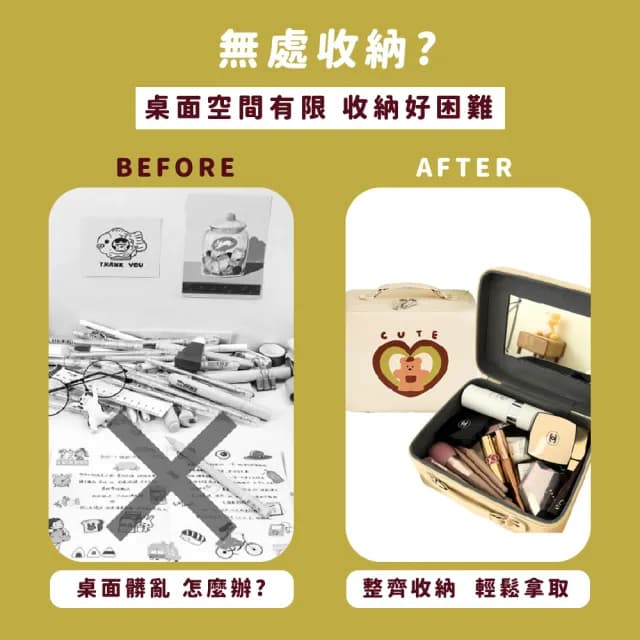 【可愛教主】父親節禮物 復古愛心小熊大容量化妝箱(內附化妝鏡 防水包  手提 收納包 彩妝箱 化妝工)