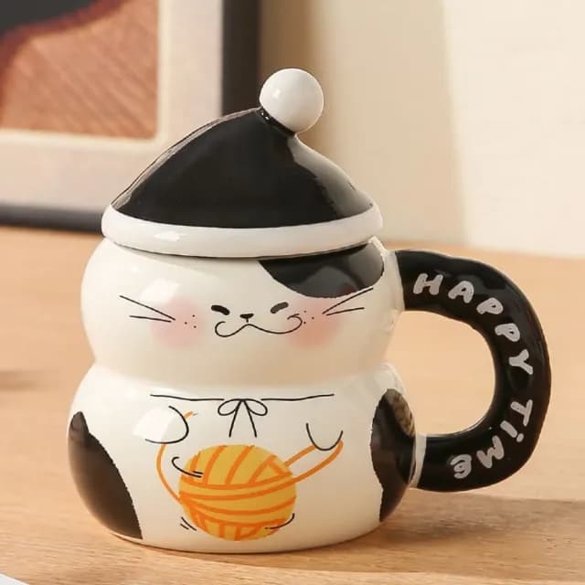 【貓好愛】陶瓷貓咪帶蓋馬克杯禮盒(造型陶瓷杯 文青 插圖 印花 辦公室 水杯 茶杯 咖啡杯 牛奶杯 禮物)
