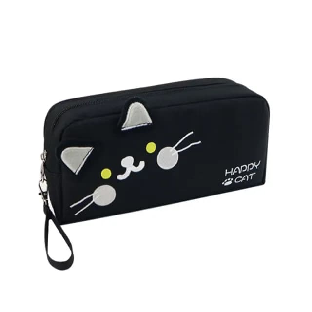 【便捷拿取】日系刺繡萌小黑貓大容量筆袋(鉛筆盒 文具收納袋 化妝品 生日禮物 貓咪 學生)