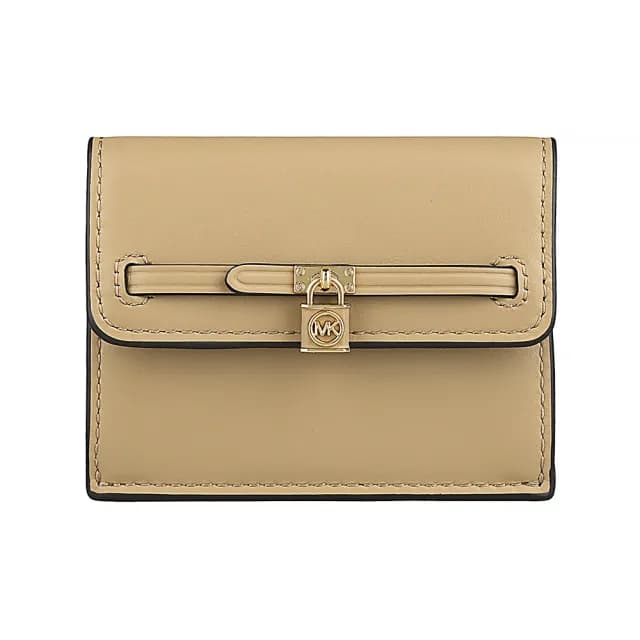 【Michael Kors】MK MICHAEL KORS Hamilton Legacy 鎖頭金字LOGO牛皮2卡釦式卡片零錢包(駱駝米)