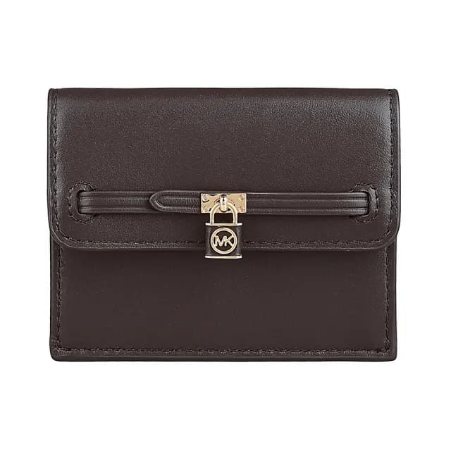 【Michael Kors】MK MICHAEL KORS Hamilton Legacy 鎖頭金字LOGO牛皮2卡釦式卡片零錢包(巧克力棕)