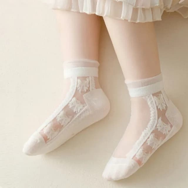 【橘魔法】（5雙一組）奶白蕾絲花紋玻璃透膚短襪(襪子 透明 水晶襪 玻璃襪 透膚襪 女童 童裝 兒童 童襪)