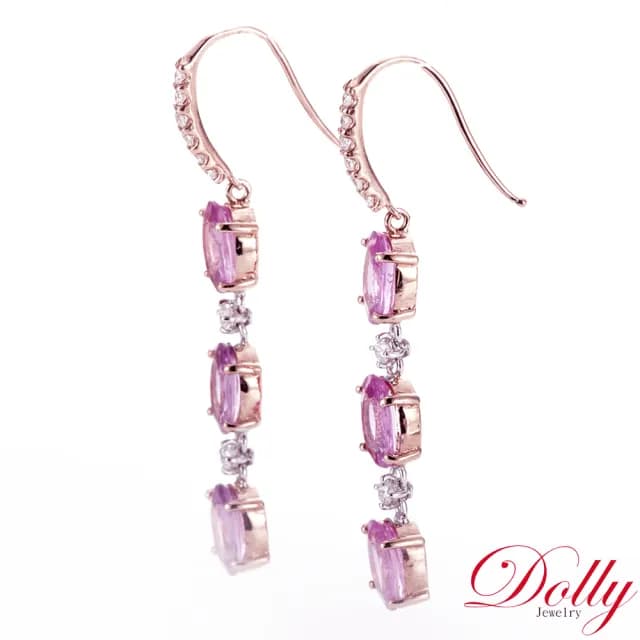 【DOLLY】18K金 天然艷彩粉色藍寶石玫瑰金鑽石耳環(母親節 長輩送禮 交換禮物首選)