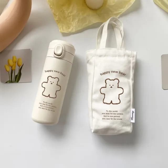 【小清新】韓系ins插畫小熊保溫杯套組(附同款手堤帶 304不鏽鋼 水瓶 水杯 水壺包 生日禮物)