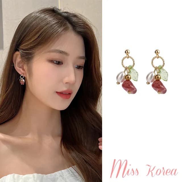 【MISS KOREA】韓國設計復古草莓晶串珠夾式耳環(無耳洞耳環 耳夾 夾式耳環 草莓晶耳環 串珠耳環)