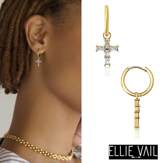 【ELLIE VAIL】邁阿密防水珠寶 方鑽十字架耳環 金色小圓耳環 Taran Baguette Cross(防水珠寶)