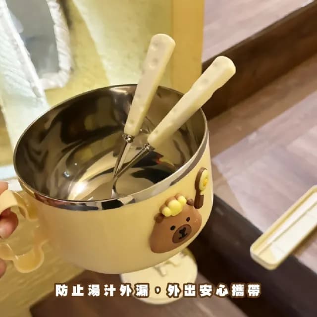 【學生好物】304不鏽鋼卡皮巴拉帶蓋泡麵碗-附餐具組(湯匙 叉子 筷子 環保餐具 飯碗 瀝水碗 餐碗 宿舍)