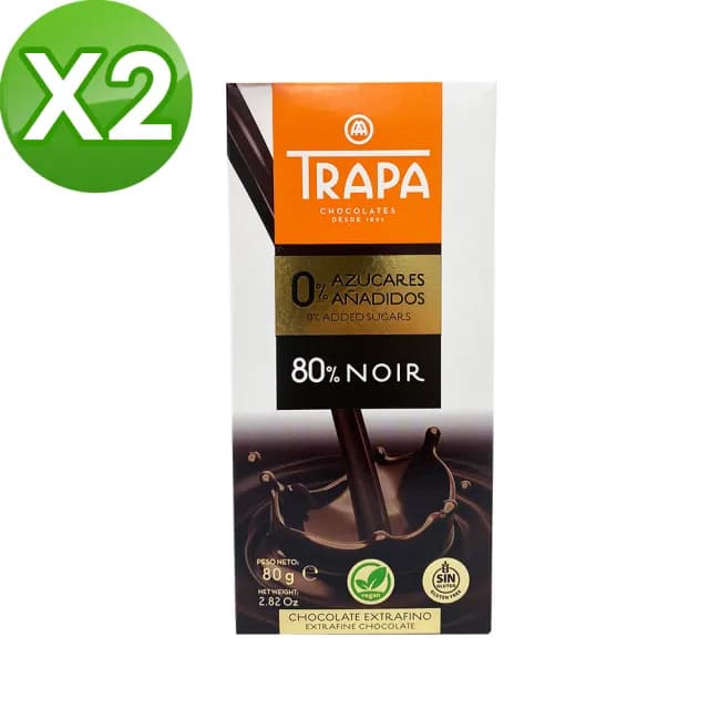 即期品【西班牙 Trapa】無添加糖80%黑巧克力片80gX2