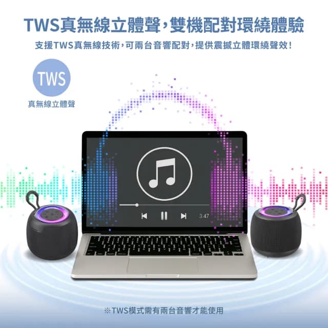【Wildex】TWS 炫彩環繞立體聲藍牙喇叭/音響(可串聯/大容量電池/支援TF記憶卡)
