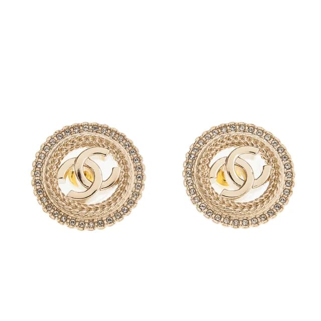 【CHANEL 香奈兒】新款金色圓形水鑽雙C LOGO穿式耳環
