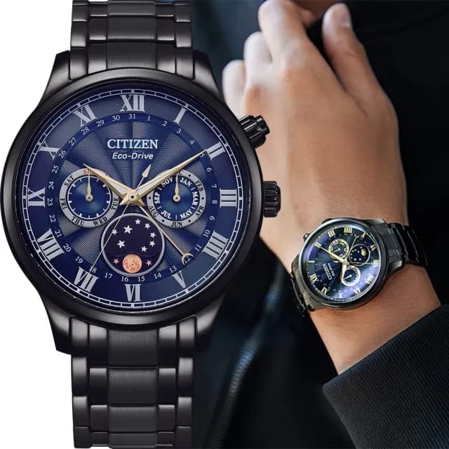 【CITIZEN 星辰】光動能月相手錶 夜空藍 七夕 情人節禮物(AP1055-87L)