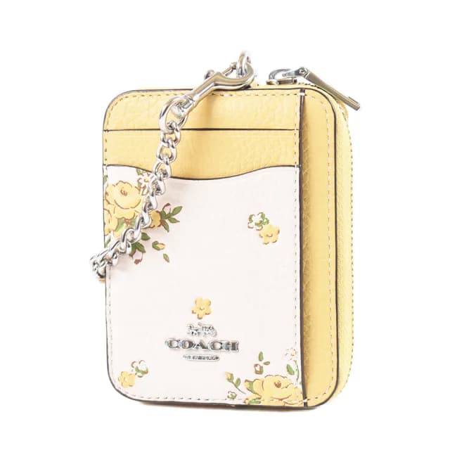 【COACH】銀字立體浮雕花卉荔枝紋鍊帶證件零錢包-黃/白
