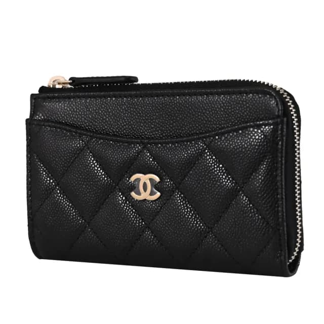 【CHANEL 香奈兒】經典雙C菱格紋小牛皮信用卡證件名片零錢包(黑/淡金)
