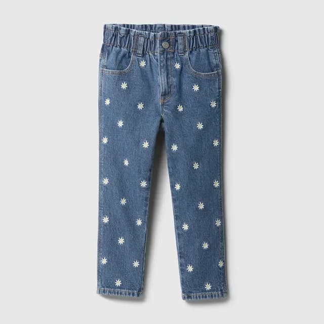 【GAP】女幼童裝 刺繡鬆緊牛仔褲-牛仔藍(725976)