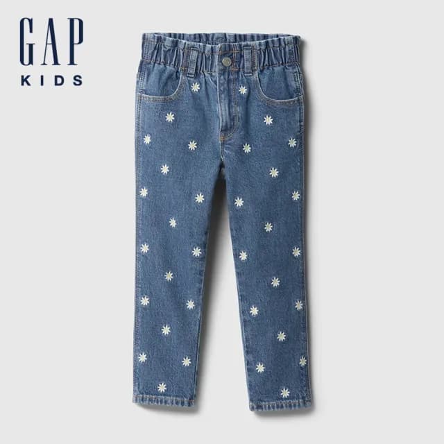【GAP】女幼童裝 刺繡鬆緊牛仔褲-牛仔藍(725976)