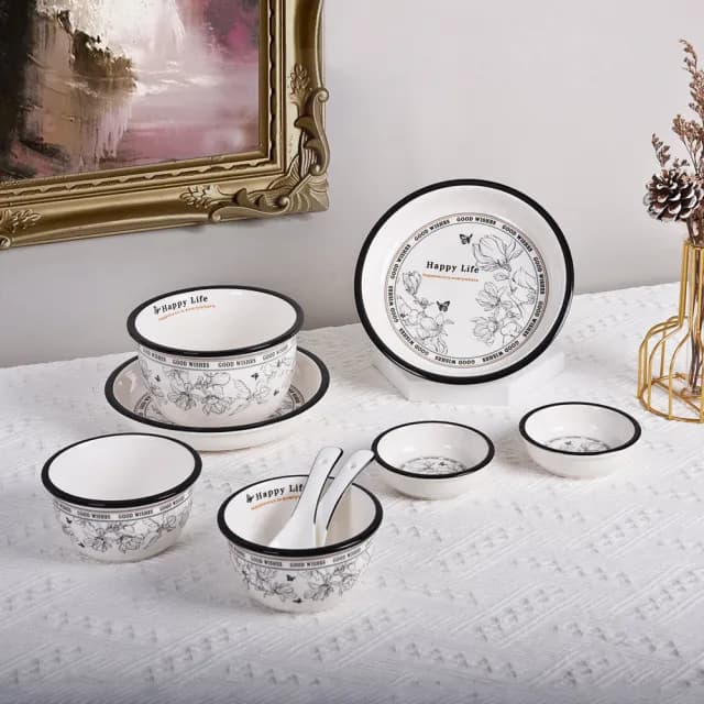 【Homely Zakka】法式經典復古黑白浪漫系列陶瓷餐盤碗餐具_9件組(陶瓷碗禮盒 入厝禮 餐具 瓷器碗盤)
