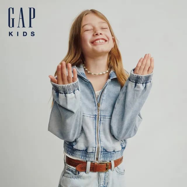 【GAP】女童裝 連帽牛仔外套-淺色水洗(819622)