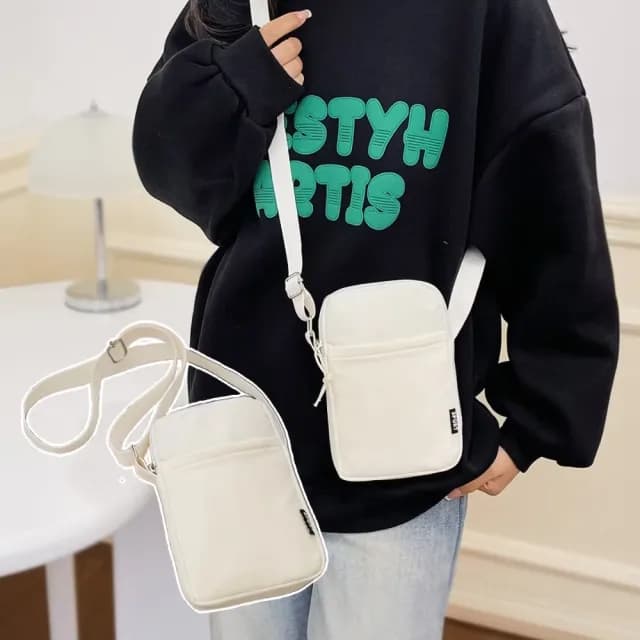 【萬萬裝】雙11 日系米白帆布掛脖單肩小包(大手機可 大容量 隨身外出 斜跨包 零錢包 媽媽包)