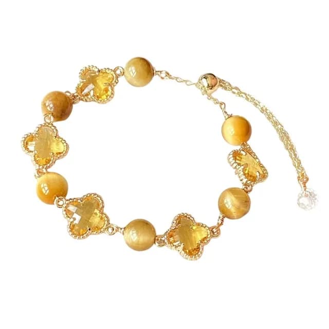 【五花飾品】金邊四葉草金虎眼石手鍊(黃水晶 手飾 手環 手串 花朵 配飾 貴氣 高貴 夢幻)