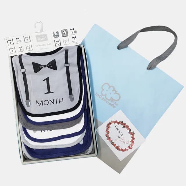 【Hudson Baby】彌月禮盒組-成長紀錄月份純棉圍兜12件組(口水巾新生兒寶寶滿月禮物)
