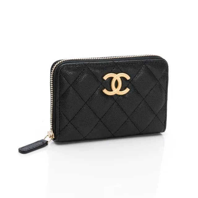 【CHANEL 香奈兒】25P 拉絲紋logo 零錢包(黑/金-ㄇ字拉鍊/內層I字拉鍊)