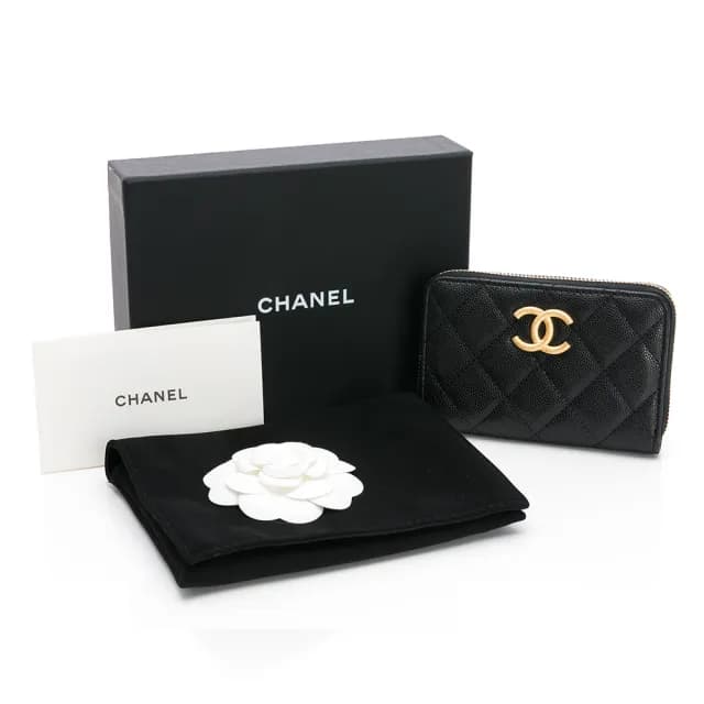【CHANEL 香奈兒】25P 拉絲紋logo 零錢包(黑/金-ㄇ字拉鍊/內層I字拉鍊)