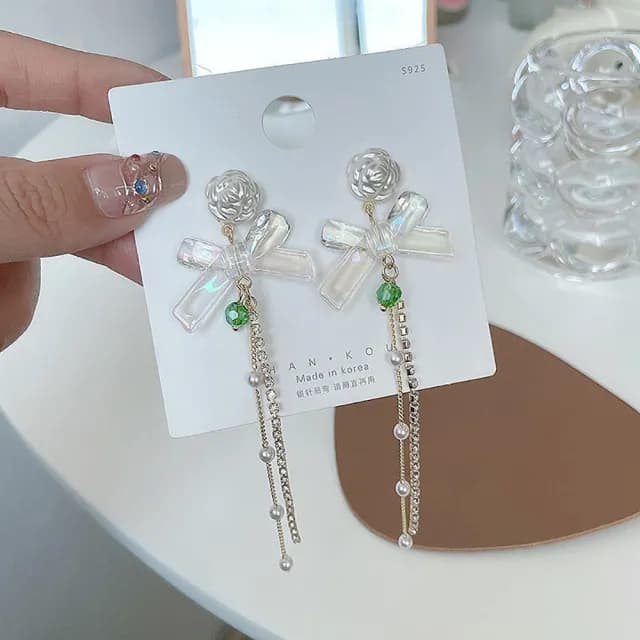 【MISS KOREA】韓國設計S925銀針法式玫瑰花朵透明蝴蝶結長流蘇墜耳環(S925銀針耳環 玫瑰耳環 蝴蝶結耳環)