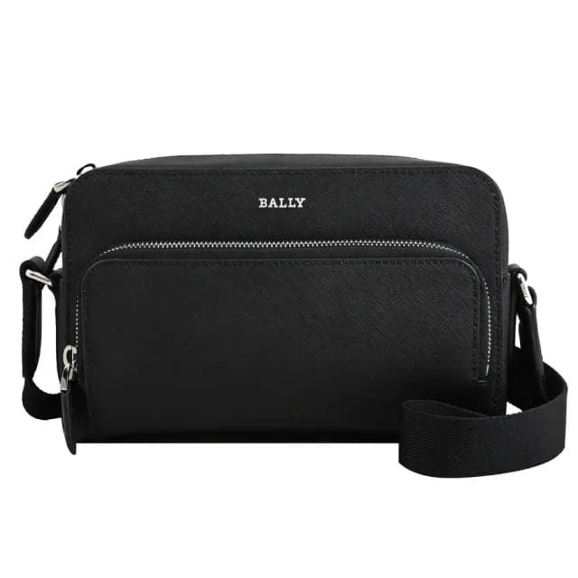 【BALLY】DARBI 經典燙印LOGO防刮皮革前口袋相機包斜背包(黑)