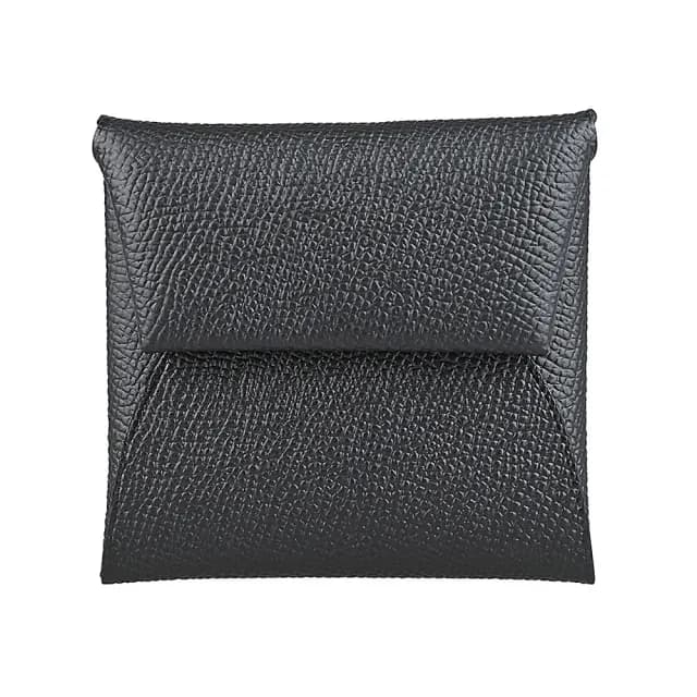 【Hermes 愛馬仕】HERMES Bastia 內裡烙印LOGO粒面小牛皮壓釦方形零錢包(黑)