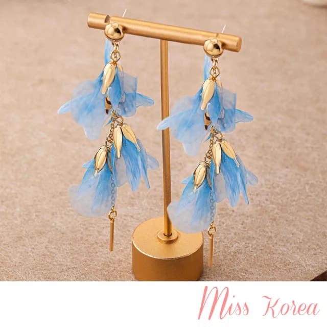【MISS KOREA】韓國設計S925銀針超仙絲綢花瓣長流蘇耳環(S925銀針耳環 絲綢耳環 流蘇耳環)