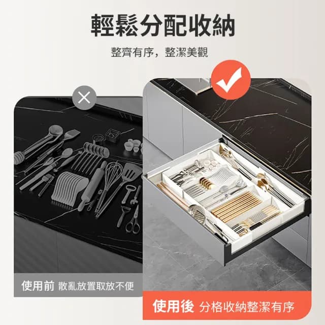 【zLife】廚房抽屜可伸縮收納盒 廚房抽屜收納盤 可拆分式餐具收納託盤 多格收納盒 分隔整理盒 分類置物收納