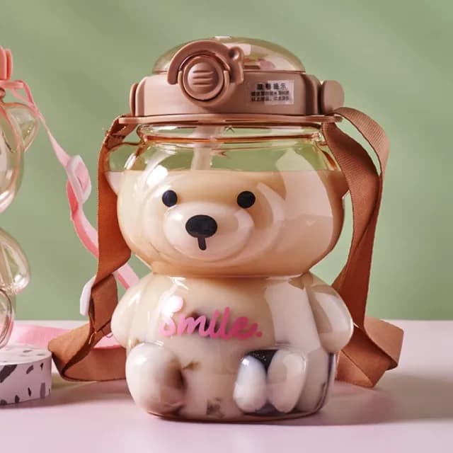 【出遊必備】韓系Smile小熊背帶吸管水壺(大容量 1000ml 吸管杯 水瓶水杯 環保杯 學生 生日禮物)