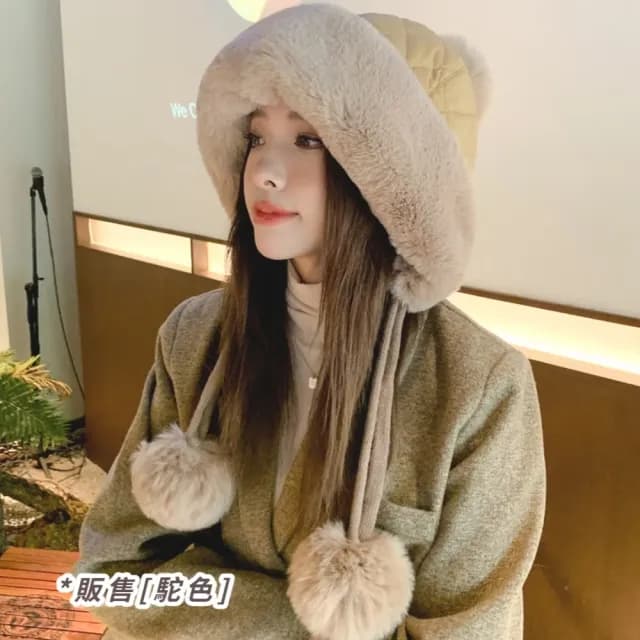 【小臉神帽】韓系冬季加絨護耳球球毛帽(毛球針織 保暖 聖誕交換禮物 毛線帽 防寒帽 防風帽 穿搭配件)