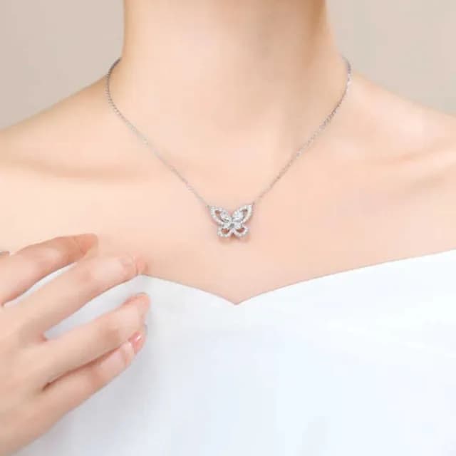 【鉅曜】S925銀 雙蝶鑽石項鍊 培育鑽石 真鑽 鑽石 45公分可調節42公分(培育鑽石)