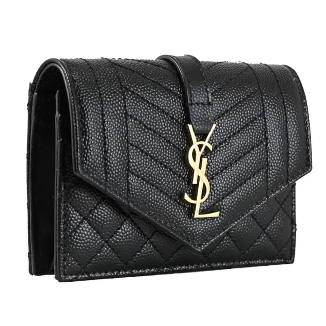 【YSL】金屬字母LOGO菱格縫線牛皮信用卡名片夾零錢包(黑)