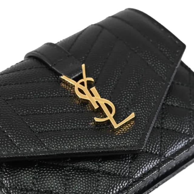 【YSL】金屬字母LOGO菱格縫線牛皮信用卡名片夾零錢包(黑)