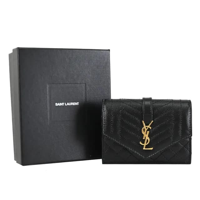 【YSL】金屬字母LOGO菱格縫線牛皮信用卡名片夾零錢包(黑)