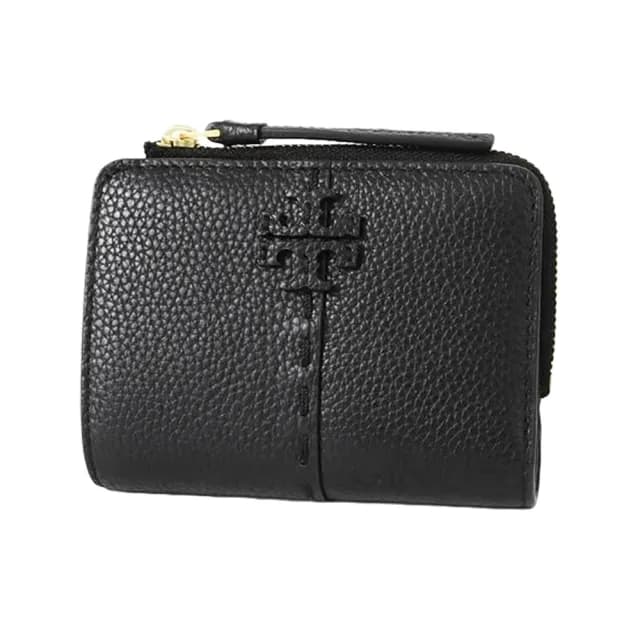 【TORY BURCH】經典標誌荔枝皮革雙折釦式零錢短夾 皮夾 錢包(黑色 148751-001)