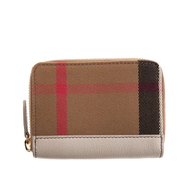 【BURBERRY 巴寶莉】經典大格紋帆布拼牛皮ㄇ形拉鍊零錢包(米白)