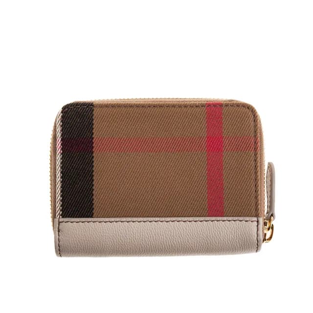【BURBERRY 巴寶莉】經典大格紋帆布拼牛皮ㄇ形拉鍊零錢包(米白)