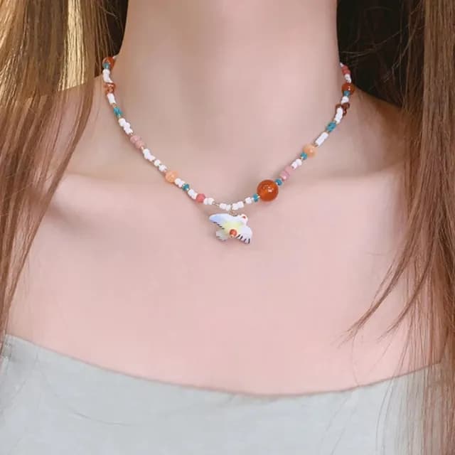 【復古穿搭】天然石糖果小燕子彩珠項鍊(珠珠項鍊 春夏 鎖骨練 多巴胺 穿搭配件)