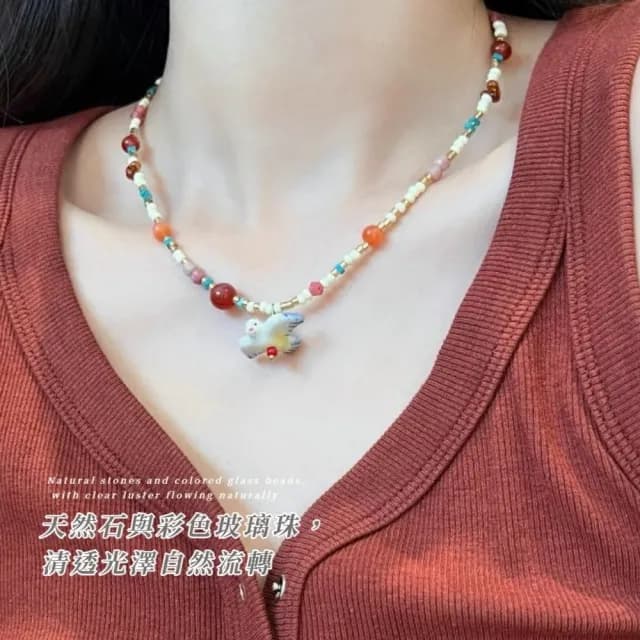 【復古穿搭】天然石糖果小燕子彩珠項鍊(珠珠項鍊 春夏 鎖骨練 多巴胺 穿搭配件)