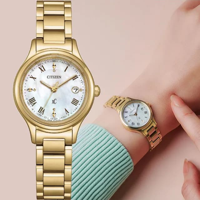 【CITIZEN 星辰】XC 輕奢光 限量 光動能鈦金屬電波女錶-琥珀金/27mm 禮物 送禮 推薦(ES9492-57D)