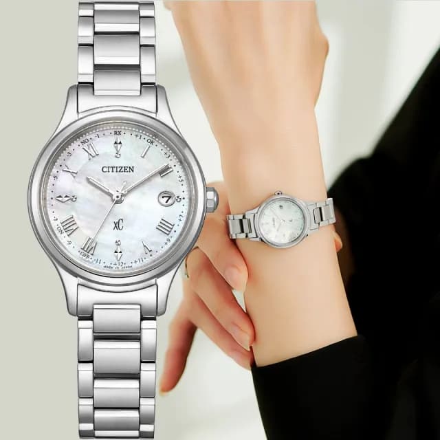 【CITIZEN 星辰】XC 輕奢光 限量 光動能鈦金屬電波女錶-鉑金/27mm 禮物 送禮 推薦(ES9490-52D)