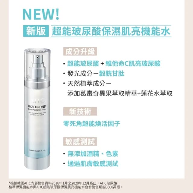 【AHC】超能玻尿酸肌亮保濕機能水100ml 3入組(保濕化妝水 維他命C 穀胱甘肽 濕敷神器)