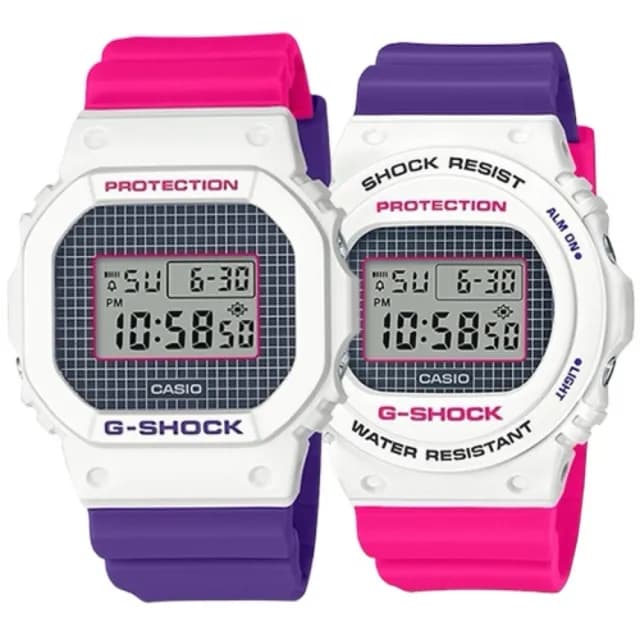 【CASIO 卡西歐】G-SHOCK  格紋線條雙配色情侶電子錶  情人節禮物(DW-5600THB-7+DW-5700THB-7)