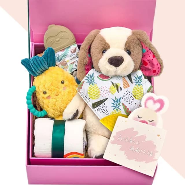 【Qbibiya】祝福禮盒-大富大貴-手搖鈴+咬手手+安撫娃娃+十層紗萬用巾(滿月禮盒彌月禮盒新生兒生日禮物)
