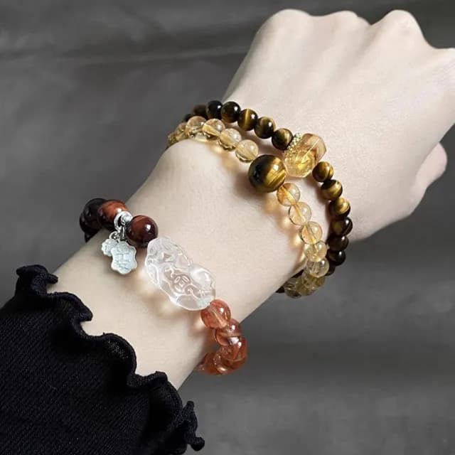 【MoonDy】雙11 黃水晶 串珠 圓珠 手鍊女 飾品 高級感 雙圈手鍊 虎眼石