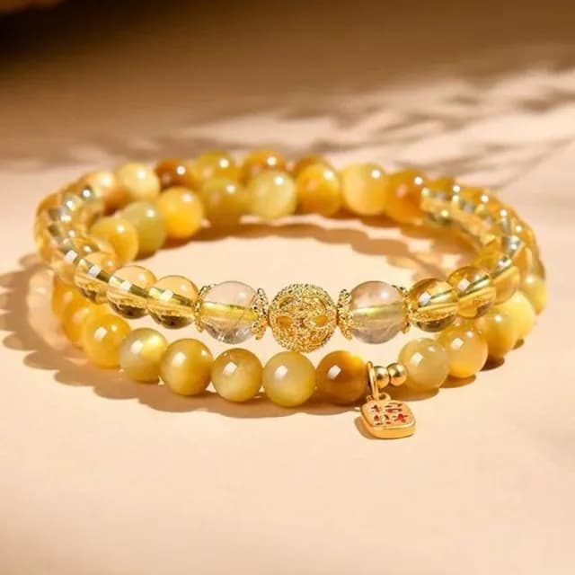 【MoonDy】金虎眼 黃水晶 手鍊女 飾品 圓珠手串 雙圈手鍊 天然水晶